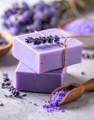 Natural purple lavender flowers, organic spa salt, and herbal soap provide aromatic beauty and wellness body care