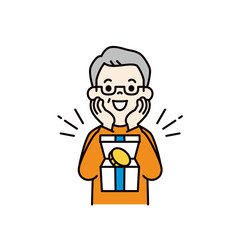 キャッシュバックに喜ぶ、お年寄り男性のシンプルな上半身ベクターイラスト素材＿カラー