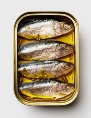 Top-down view of a metal can containing several small, light-gray fish in a yellowish liquid