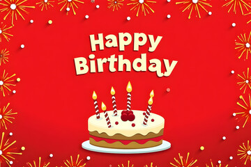 Happy Birthday Frame with Cartoon Cake and Red Background