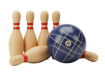 Isolated skittles set with retro bowling ball and wooden pins for a game, sport and recreation