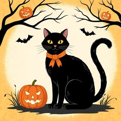 Halloween Black Cat with Pumpkin and Bats in Spooky Night Scene.