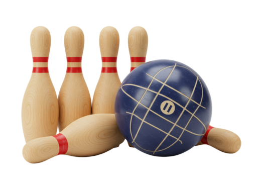 Isolated skittles set with retro bowling ball and wooden pins for a game, sport and recreation