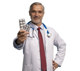 Cheerful mature male doctor holding pills in white lab coat with stethoscope, on transparent background