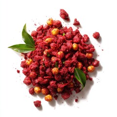 Red-tinged chickpea snack, topped with spices, nestled on white