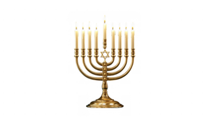 Brass menorah with candles lit for Hanukkah joy, created AI, PNG