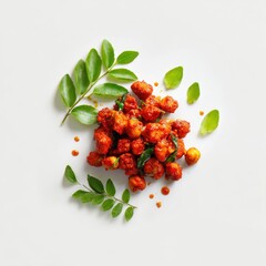 Spicy, small, red food items, atop white.  Fresh curry leaves