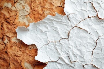 Fototapeta premium Crumpled white paper torn and cracked, revealing parched, dry, reddish-brown earth beneath. A study in texture and degradation.