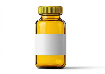 Obraz premium Amber glass medicine bottle with blank label and gold cap