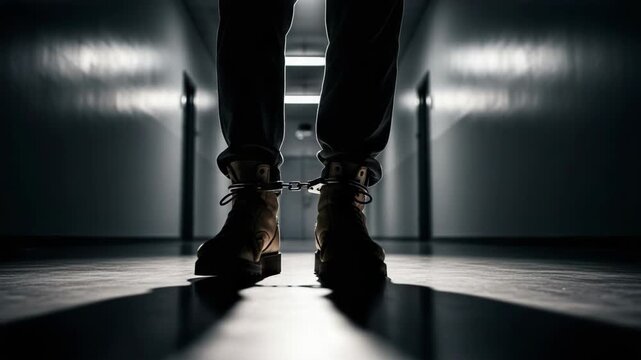A prisoner with shackled feet walks through a dark corridor. Close-up on boots and chains in a jail hallway. Confinement and justice concept