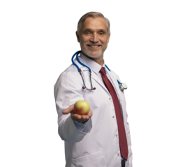 Portrait of handsome mature doctor in white coat looking at camera and smiling while holding an apple, isolated on transparent background