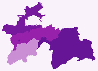 Map of Tajikistan with regions. Just a simple country border map with region division. Purple color palette. Plain Tajikistan shape with administrative division. Vector illustration.