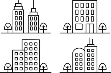 Obraz premium Black and White Cityscape Icons Featuring Buildings Trees and Clean Line Design for Urban Planning and Architecture