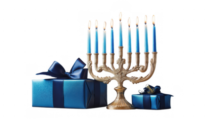 Menorah with candles next to wrapped gifts, created AI, PNG