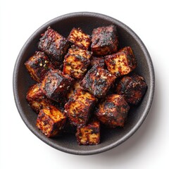 Roasted tofu cubes in a dark bowl