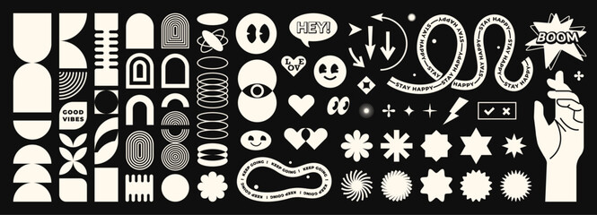 Abstract geometric shapes set vector illustration. Monochrome graphic design elements with retro line, simple form, figure, arch, flower, smiley, hand. Trendy cartoon flat stickers, brutal aesthetic