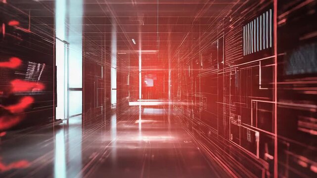 Digital data corridor displaying cybersecurity threat indicators