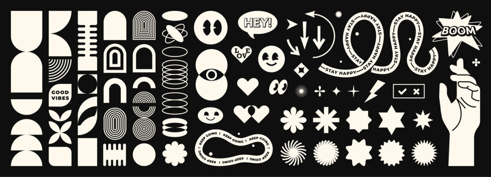 Abstract geometric shapes set vector illustration. Monochrome graphic design elements with retro line, simple form, figure, arch, flower, smiley, hand. Trendy cartoon flat stickers, brutal aesthetic
