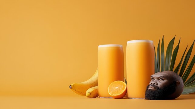 Refreshing Orange Juice Still Life: Two Glasses, Banana, Orange Slice, and a Human Head on a Vibrant Yellow Background - Powered by Adobe