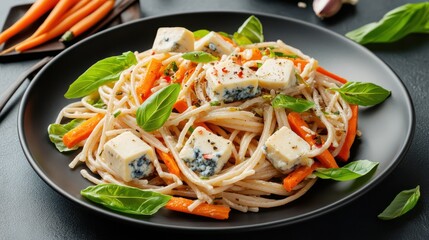 Delicious Spaghetti with Gorgonzola Cheese, Carrots, and Basil on Black Plate, Top View