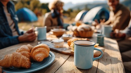 Friends enjoying breakfast with coffee and croissants at campsite table on sunny morning