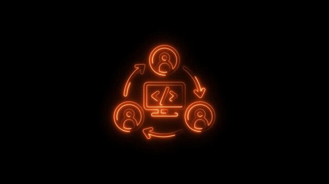 Neon glowing team collaboration icon with computer coding symbol and circular arrows on black