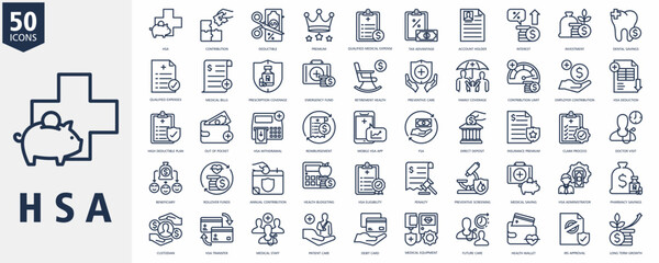 Health Saving Account Icon Set Outline with HSA, contribution, deductible, premium, qualified medical expense, tax advantage, account holder, interest, investment, dental savings
