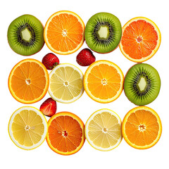 Obraz premium Sliced fruit arrangement on black background. Kiwi, orange, strawberry, lemon