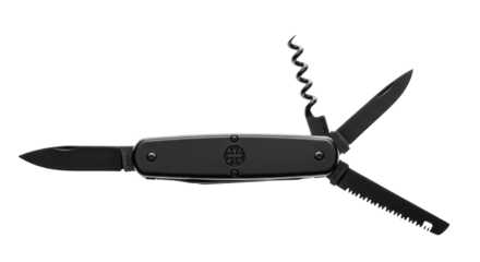 Isolated swiss army knife multi-tool featuring essential equipment and metal construction