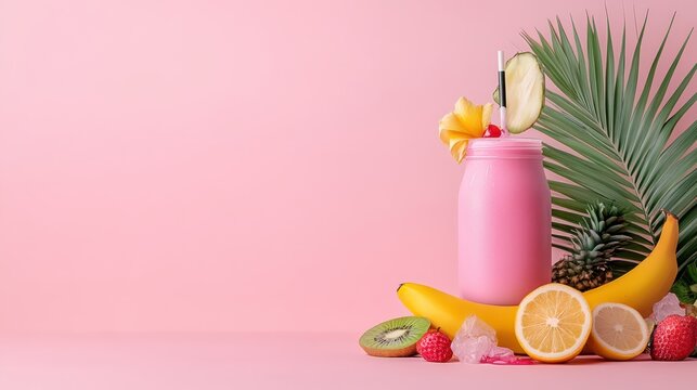 Tropical Pink Smoothie: Refreshing Drink with Banana, Pineapple, Kiwi, and Strawberry on a Pink Background - Powered by Adobe