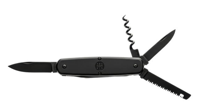 Isolated swiss army knife multi-tool featuring essential equipment and metal construction