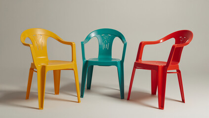 Obraz premium Vibrant Plastic Chairs Set Against Neutral Background