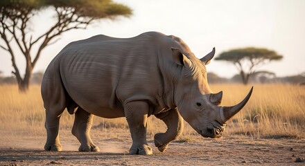 Fototapeta premium Majestic White Rhinoceros Strolling Through the African Savannah.