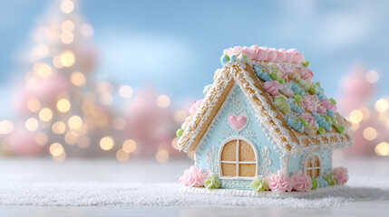 A beautifully decorated pastel gingerbread house with intricate icing details on a snowy surface surrounded by soft glowing holiday lights