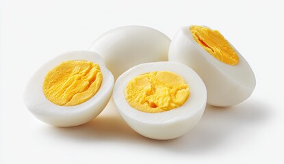 Three halved hard-boiled eggs, yolks visible,  pale yellow,  white egg whites,  on a white background