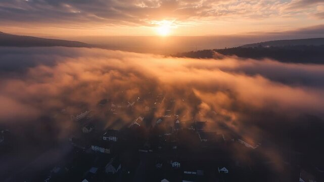 Village houses emerging from fog during orange sunrise