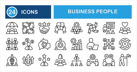 Business people line icon set with editable stroke, featuring stakeholder, partnership, organization, teamwork, training, workshop, customers, and meeting in clean thin linear style.