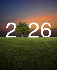 2026 white text with tree on green grass field over sunset sky with birds, Happy new year 2026 ecological cover concept