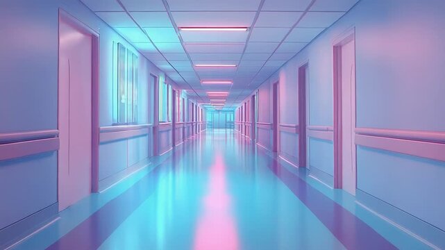 Empty liminal hospital corridor glowing with neon vaporwave aesthetics
