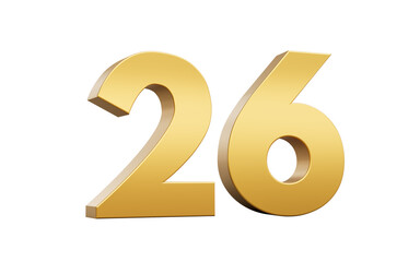 3D Golden number 26 Twenty six with a shiny metallic finish and sharp edges, 3d illustration