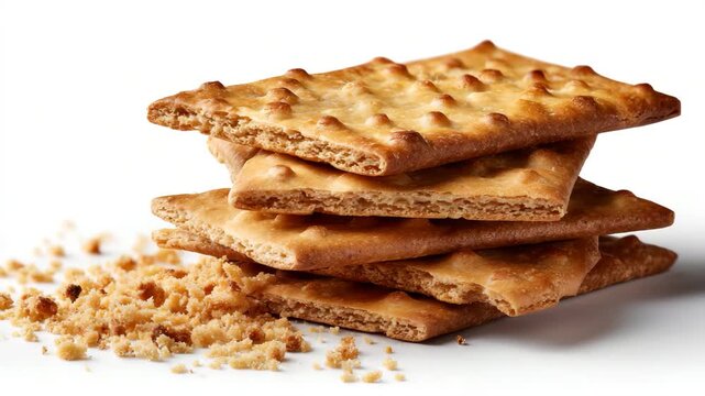 A close-up image of golden-brown crackers artistically stacked on a clean white surface, highlighting their crunchy texture and crispy finish against an elegant backdrop.
