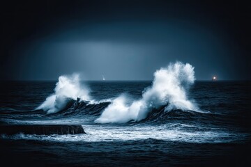 Fototapeta premium Foamy ocean waves crash forcefully against a rocky breakwater