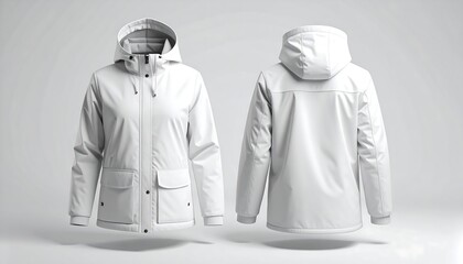 Front and back views of a pristine white hooded waterproof jacket, ideal for outdoor adventures and cold weather protection.