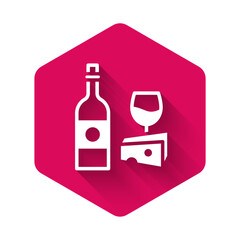White Wine bottle with glass and cheese icon isolated with long shadow. Romantic dinner. Pink hexagon button. Vector