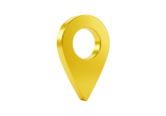 Isolated 3D rendering of a shiny yellow gold location pin icon for maps or navigation apps