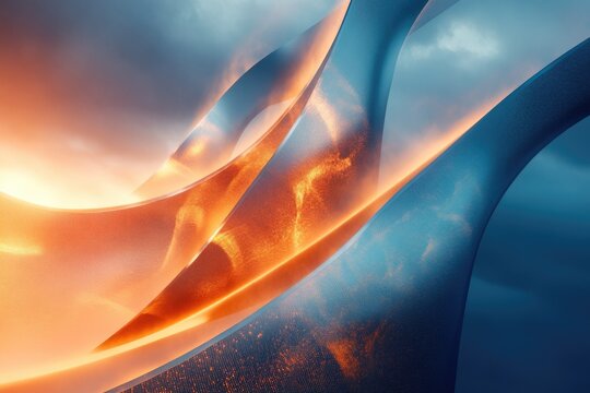 Abstract digital art displaying dynamic flowing ribbons, transitioning from glowing orange energy to cool blue structures under a cloudy sky, symbolizing movement.