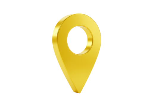 Isolated 3D rendering of a shiny yellow gold location pin icon for maps or navigation apps - Powered by Adobe