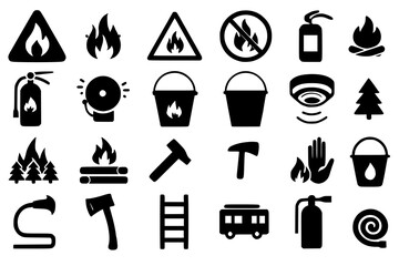 A comprehensive set of 25 black and white vector icons representing fire safety, emergency response, and firefighting tools