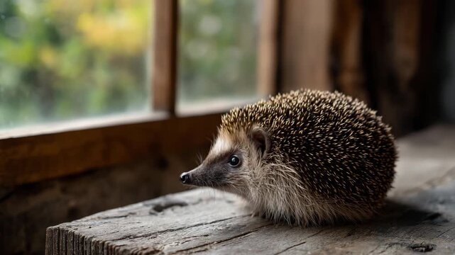 A delightful hedgehog sits curled up on a rustic wooden surface, showcasing its adorable spines and round shape, encapsulating comfort and coziness in nature.