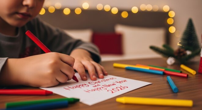 Child's Hands Writing Happy Christmas Happy New Year 2026 Message with Red Crayon, Holiday Card Activity